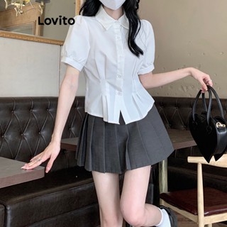 Lovito เสื้อเบลาส์แขนพัฟ แต่งจับจีบ ลําลอง แบบเรียบ สําหรับผู้หญิง LNA19016 (สีขาว)