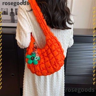 Rosegoods1 กระเป๋าสะพายไหล่ ผ้าฝ้าย ปักลาย ลายสก๊อต สีพื้น แฟชั่นสไตล์เกาหลี สําหรับผู้หญิง