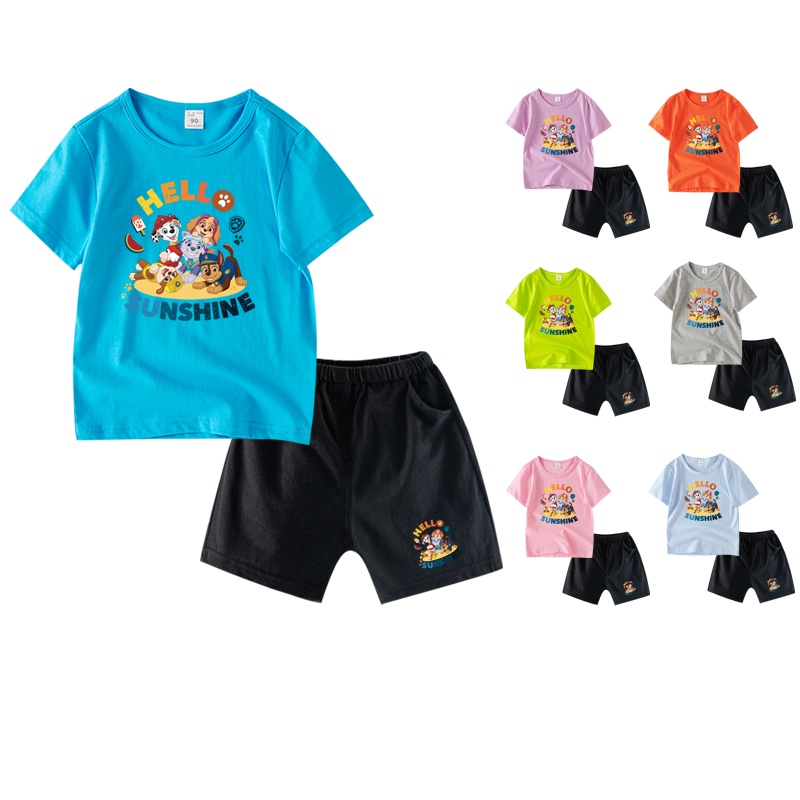 พร้อมส่ง เสื้อยืดแขนสั้น และกางเกง ผ้าฝ้าย ลายการ์ตูน Paw Patrol 7 สี สําหรับเด็ก KB010