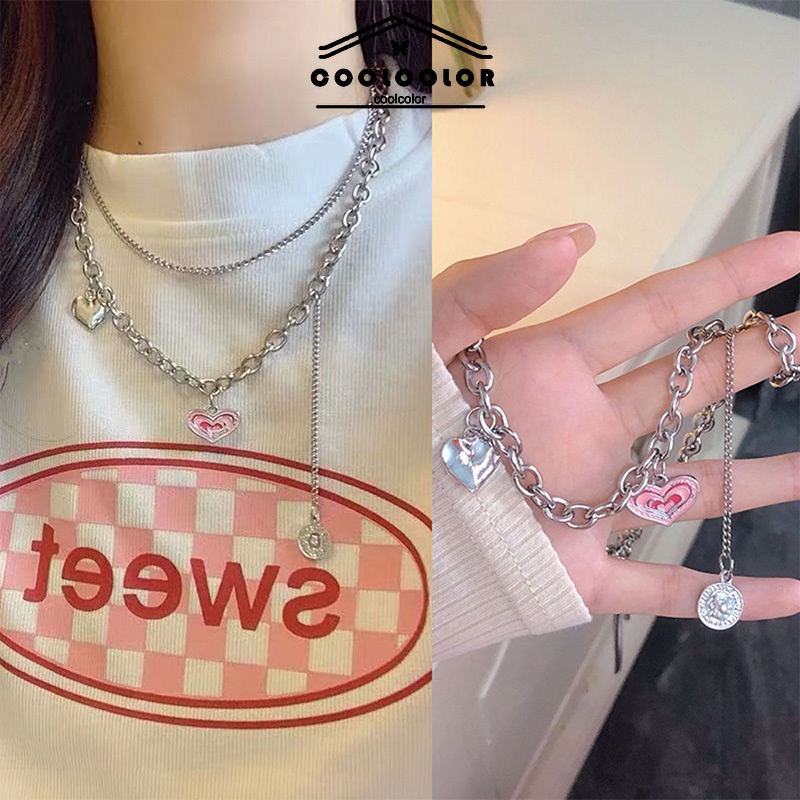 ในไทย💖สร้อยคอสองชั้นสีชมพูหัวใจแห่งความรักinsสําหรับผู้หญิงไหปลาร้าเครื่องประดับใหม่