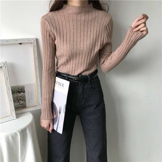ใหม่ เสื้อถักแขนยาว คอสูง ทรงสลิมฟิต สไตล์เกาหลี สําหรับผู้หญิง