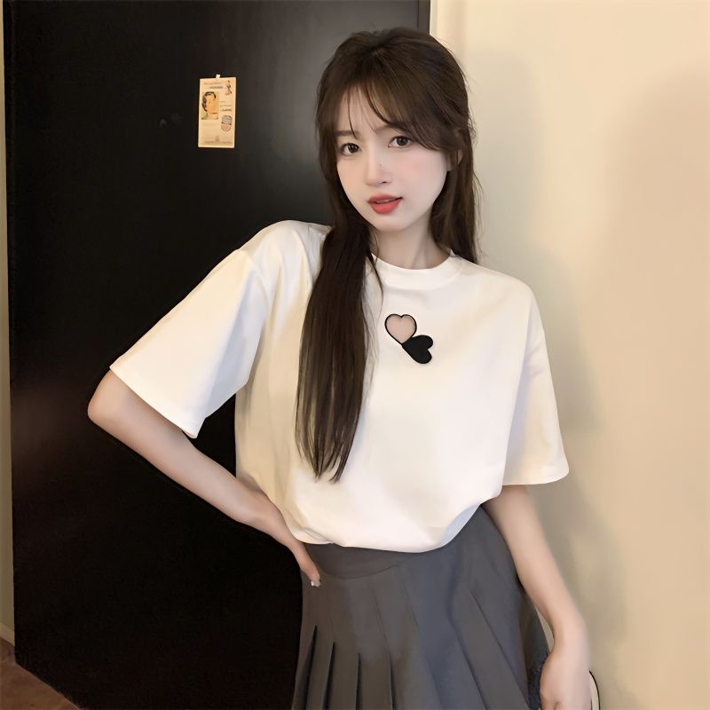 Bee มาใหม่หลวมรักหัวใจสีขาวแขนสั้นเสื้อยืดเทรนด์ผู้หญิงด้านบน