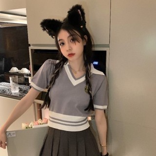 9590#เสื้อกันหนาว คอวี แขนสั้น แบบเข้ารูป บล็อกสี แฟชั่นฤดูร้อน สําหรับผู้หญิง 2023