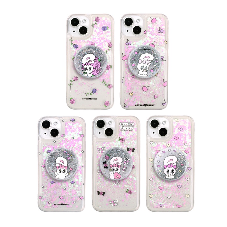 Esther bunny - Clear aqua glitter case + glitter griptok set compatible for iphone 14 13 12 11 pro max s22 s21 s20 ultra plus pattern pink
