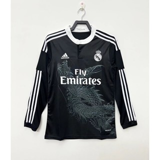 เสื้อกีฬาแขนยาว ลายทีมฟุตบอล Real Madrid Two Guest สีดํา สไตล์เรโทร 14-15