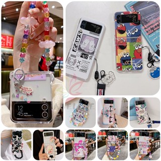 เคสโทรศัพท์มือถือ แบบแข็ง ปิดด้านหลัง ลายการ์ตูน พร้อมสายคล้องมือ สําหรับ Samsung Galaxy Z Flip 4 Z Flip 3