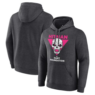 เสื้อกันหนาว มีฮู้ด แบบสวมหัว ลาย Fanatics Bret Hart Charcoal Hart สไตล์เรโทร สําหรับผู้ชาย