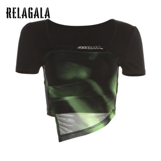 Relagala ใหม่ เสื้อยืดแขนสั้น คอสี่เหลี่ยม เข้ารูป สีพื้น แฟชั่นสตรีท 2023