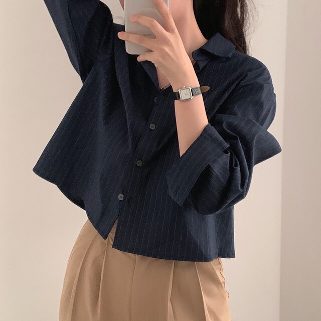 เสื้อเชิ้ตแขนยาว คอโปโล ทรงหลวม ลายทาง แบบเรียบ สไตล์เกาหลี สําหรับผู้หญิง - รูปที่ 2