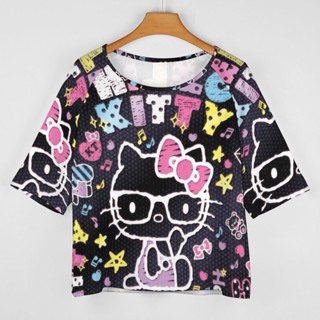 ใหม่ เสื้อยืดแขนสั้น พิมพ์ลาย hello kitty น่ารัก ทรงหลวม สําหรับผู้หญิง