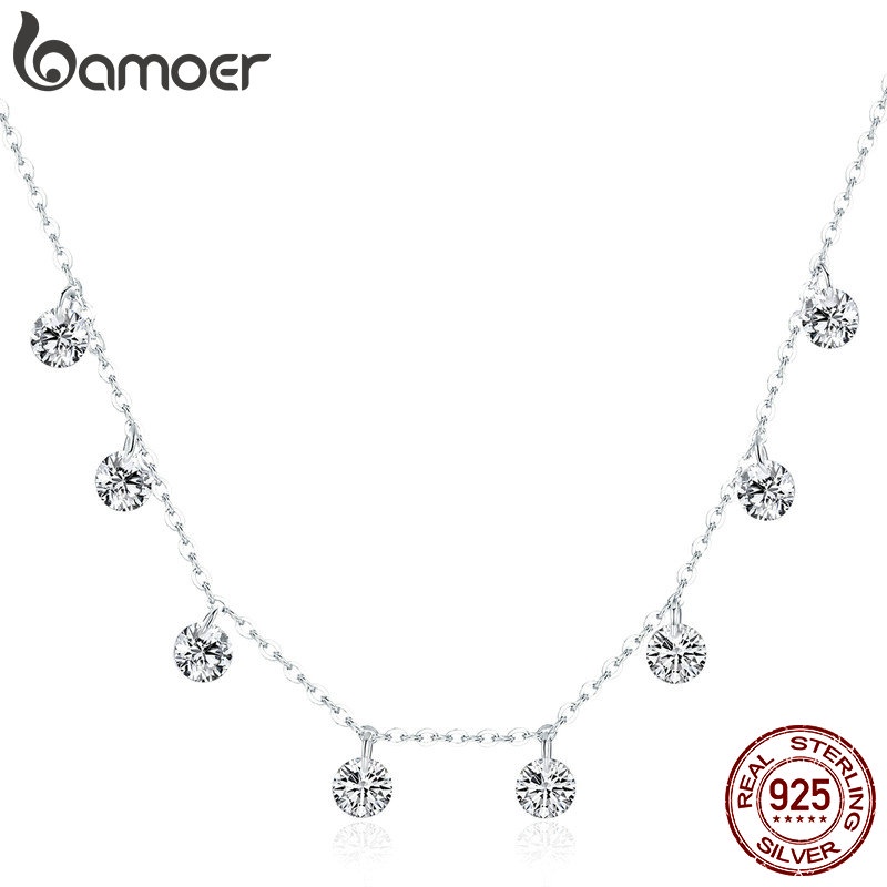 Bamoer เงินแท้ 925 พราว Cubic Zircon รอบวงกลม CZ จี้สร้อยคอผู้หญิงเครื่องประดับ SCN299