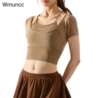 Wmuncc เสื้อยืดแขนสั้น ผ้าตาข่าย ระบายอากาศได้ดี แบบแห้งเร็ว เหมาะกับใส่เล่นโยคะ ฟิตเนส สําหรับผู้หญิง