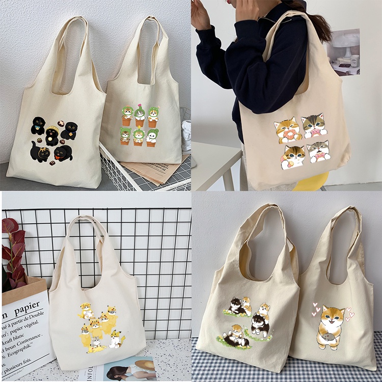 กระเป๋าสะพายไหล่ กระเป๋าช้อปปิ้ง พิมพ์ลายการ์ตูนแมวน่ารัก สไตล์ญี่ปุ่น แฟชั่นสําหรับสตรี