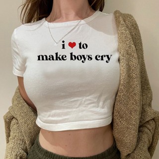 เสื้อครอปท็อป ลายกราฟฟิค i love to make boys cry cyber y2k สไตล์วินเทจ สําหรับผู้หญิง และผู้ชาย goth yk2