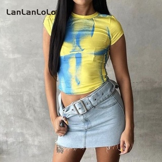 Lanlanlolo เสื้อยืดลําลอง คอกลม แขนกุด เข้ารูป พิมพ์ลาย แฟชั่นสําหรับสตรี 2023