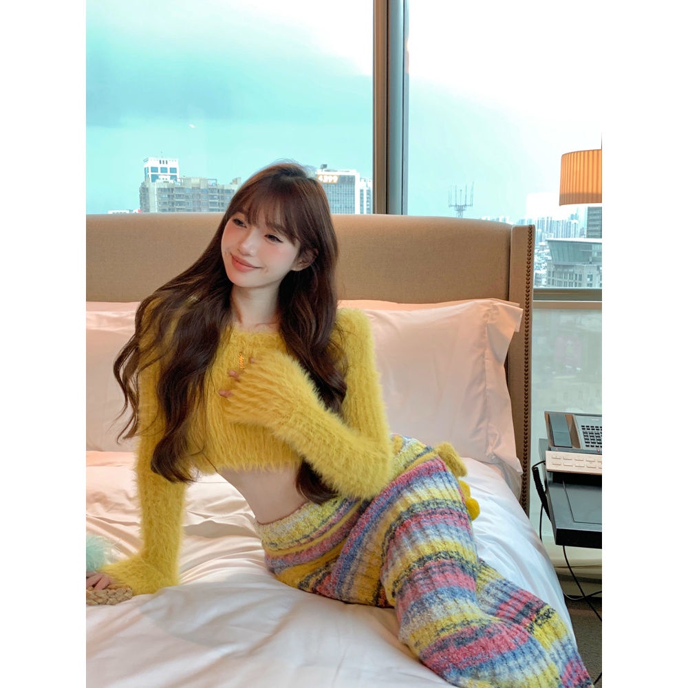 เสื้อคอกลม ผ้าถัก และกระโปรง เอวสูง สีคอนทราสต์ แฟชั่นฤดูใบไม้ร่วง และฤดูหนาว สําหรับผู้หญิง 2022