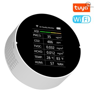 [T&amp;H] Tuya เครื่องตรวจจับคุณภาพอากาศ WiFi 7 In 1 PM2.5 TVOC CO2 HCHO อุณหภูมิความชื้น AQI อเนกประสงค์ สําหรับบ้าน สํานักงาน รถยนต์