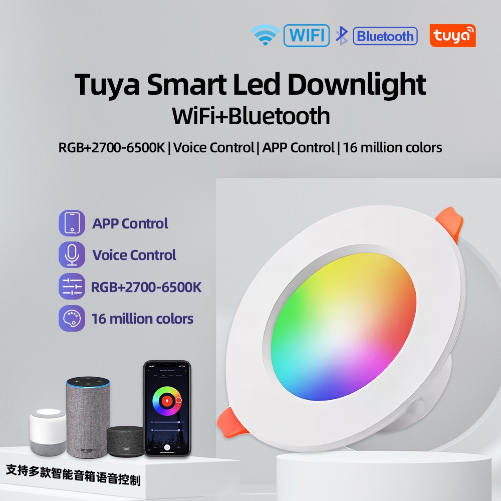 🔥【Tuya】5W 9W 12W ไฟดาวน์ไลท์ LED เพดานแบบฝังสมาร์ท, WiFi APP และการควบคุมด้วยเสียง, RGB+2700K-6000K, Alexa/Google Home