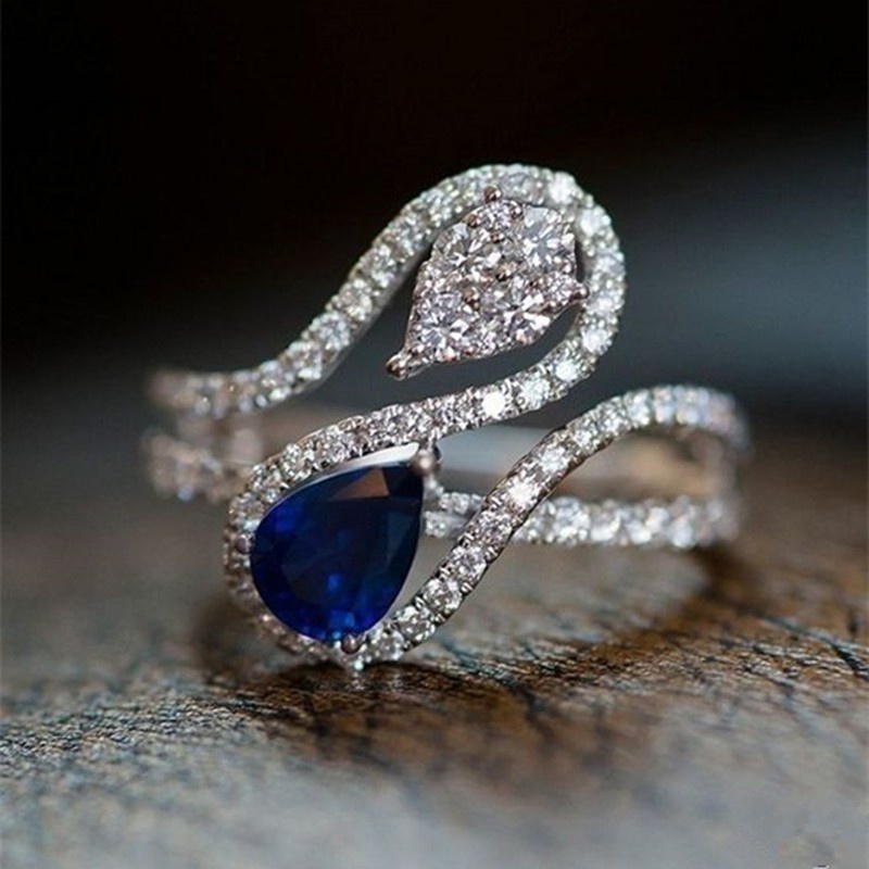 925 เงินออกแบบเฉพาะสีขาว/สีฟ้า Water Drop Cubic Zirconia แหวนหรูหรา Ladys งานแต่งงานแหวนแฟชั่นเครื่องประดับสําหรับผู้หญิง