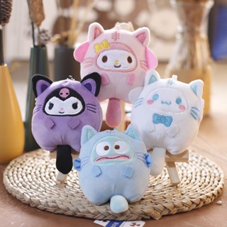 Sanrio 10cm Keychain Kuromi Cinnamoroll Cross Dress Up Cat Plush Doll Kawaii My Melody Cartoon Anime Toy Gifts Children