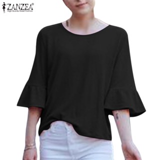 Zanzea เสื้อยืด คอกลม แขนสามส่วน ผ้าถัก สไตล์วินเทจ สําหรับผู้หญิง