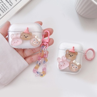 เคสหูฟัง แบบนิ่ม ใส ลายการ์ตูนน่ารัก พร้อมสายโซ่คล้อง สําหรับ AirPods Pro 2 1 2 3rd