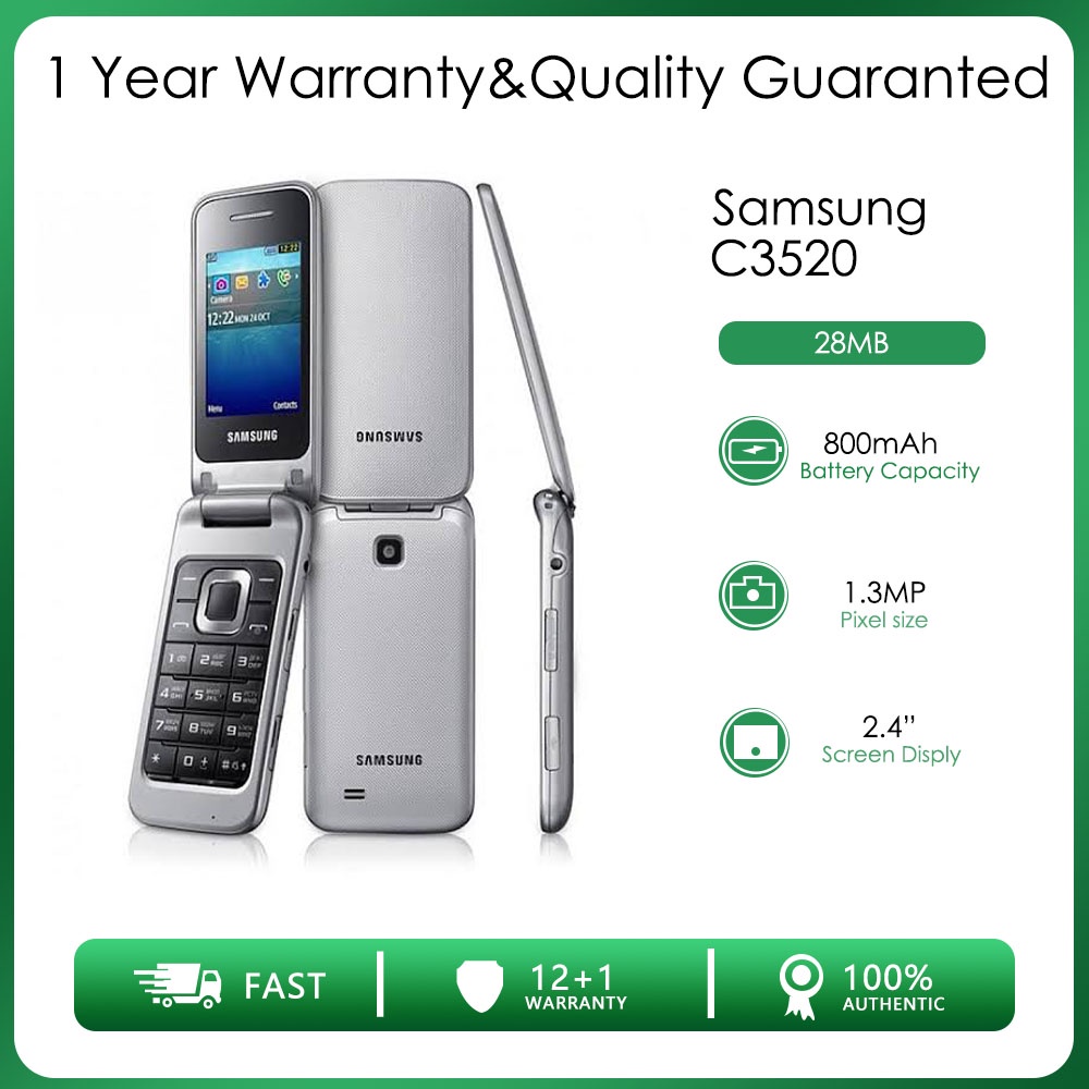 Samsung C3520 GSM 2G รองรับพลิก 28MB RAM Mini-SIM 1.3MP โทรศัพท์มือถือ Java