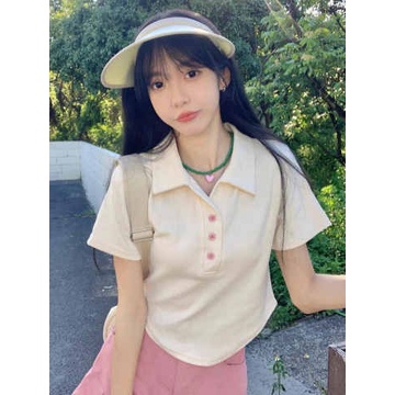 ผู้หญิงเกาหลีแฟชั่นผ้าฝ้ายสีทึบโปโลเสื้อยืดแขนสั้นหลวมบางนักเรียนสบาย ๆ