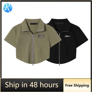 เสื้อเชิ้ต คอโปโล ตัวสั้น แต่งซิป สไตล์อเมริกัน แฟชั่นฤดูร้อน สําหรับผู้หญิง