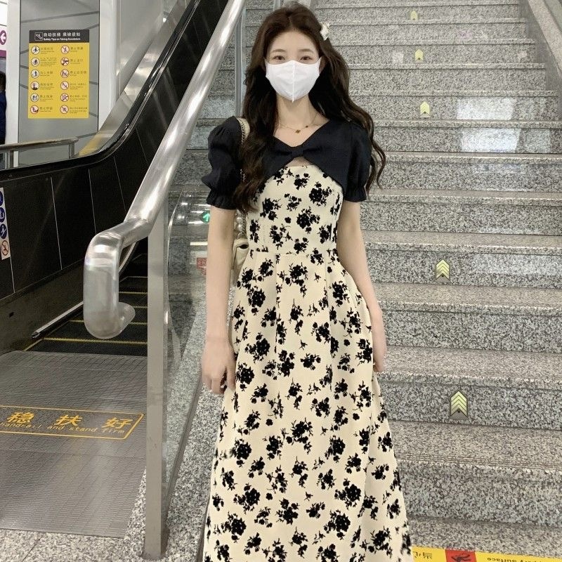 Sweet พร้อมส่ง ชุดเกาหลีลายดอกไม้ แขนตุ๊กตา แขนสั้น ทรงเอ สง่างาม สําหรับผู้หญิง ผ้าคุณภาพสูง