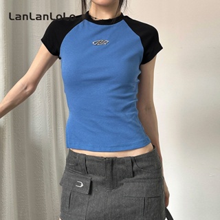 Lanlanlolo เสื้อยืดคอกลม แขนสั้น ผ้าฝ้าย 100% ทรงสลิมฟิต สีตัดกัน สําหรับผู้หญิง 2023