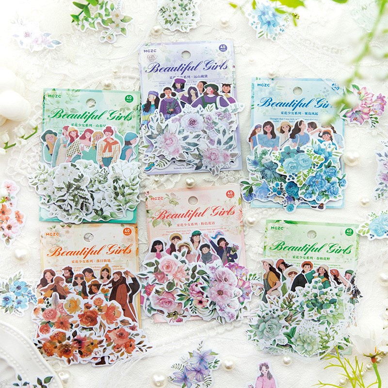 40 ชิ้น Kawaii Washi Scrapbooking สติกเกอร์สไตล์ญี่ปุ่นสาวดอกไม้สติกเกอร์สําหรับ Journaling Scrapbooking เด็ก DIY ศิลปะ