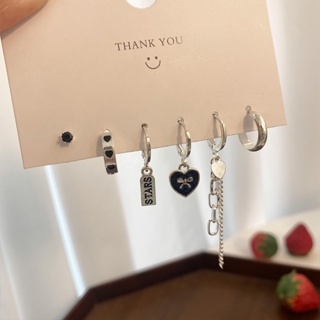 S925 Silver Needle Bow Heart Ear Buckle 6-Piece Set for Girls New Advanced Feel Cool Wind Chain Simple and Atmospheric Daily Earrings