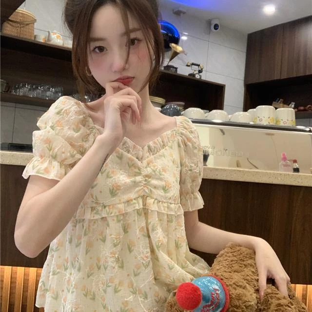 หวานหลวมเสื้อเชิ้ตแขนสั้นลายดอกเวอร์ชั่นเกาหลีน่ารักเสื้อสั้น thumbnail 5