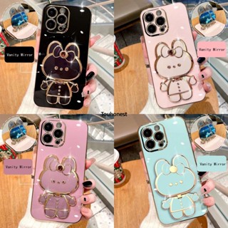 For Apple เคสไอโฟน iPhone 14 Pro Max เคส iPhone 12 Mini เคส iPhone 14 Plus Casing iPhone 13 pro max Case Cute Bunny Bracket Anime Cartoon Stand Vanity Mirror Rabbit Holder Phone Cover Cassing Cases Case KT โทรศัพท์มือถือ ลายการ์ตูนกระต่ายน่ารัก