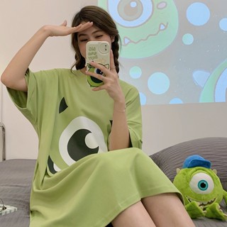 Fds ชุดนอน สีเขียว การ์ตูนน่ารัก ฤดูร้อน ใหม่ ชุดนอนผู้หญิง แขนสั้น ชุดนอนเดรส หวาน สามารถใส่ด้านนอก ตกแต่งบ้านได้