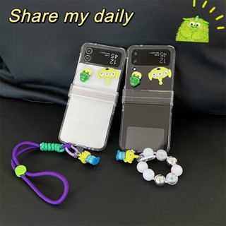 เคสโทรศัพท์มือถือแบบแข็ง ใส กันกระแทก พับได้ 3D พร้อมเชือกยืดไสลด์ สําหรับ Samsung Galaxy Z Flip 3 Z Flip 4