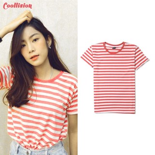 #Coollision - PEACH เสื้อยืดแขนสั้นลายทางสีส้มโอรสสลับขาว ริ้ว 1 ซม.เสื้อลายทาง1cm. unisex