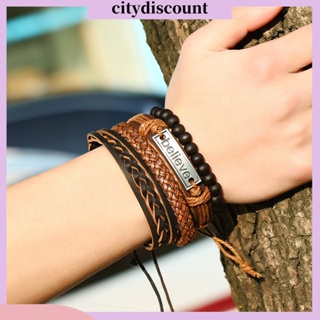 &lt;citydiscount&gt; สร้อยข้อมือหนังถัก ประดับลูกปัดตัวอักษร ปรับได้ แฟชั่นสําหรับผู้ชาย 4 ชิ้น ต่อชุด