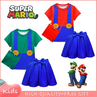 ชุดคอสเพลย์ ชุดเดรส เสื้อยืด แขนสั้น กระโปรง ผ้าฝ้าย ลาย Super Mario สําหรับเด็กผู้หญิง เหมาะกับฮาโลวีน