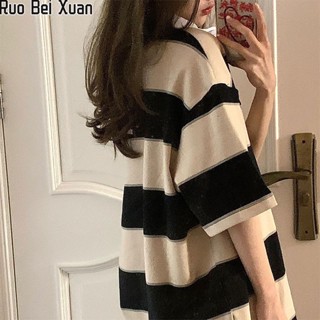 Ruo Bei Xuan เสื้อยืดลายทางคอกลมแขนสั้นผู้หญิงใหม่