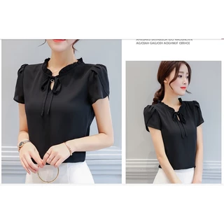 เสื้อแขนสั้น ผ้าชีฟอง สีพื้น แฟชั่นฤดูร้อน สําหรับผู้หญิง