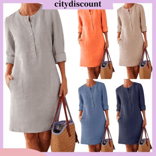 &lt;citydiscount&gt; ชุดเดรสยาวถึงเข่า ผ้าฝ้าย ผ้าลินิน ทรงหลวม มีกระดุม แขนยาว ลําลอง สําหรับผู้หญิง