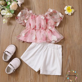 Babyclothes- ชุดเสื้อเชิ้ตแขนสั้น คอเรือ ลายดอกไม้ และกางเกงขาสั้น ลําลอง สไตล์สตรีท สําหรับเด็กผู้หญิง