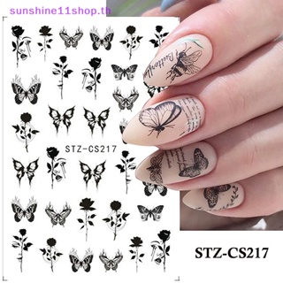 Sunshop สติกเกอร์ ลายดอกไม้ เซ็กซี่ สีดํา และสีขาว สําหรับตกแต่งเล็บ DIY 1 ชิ้น