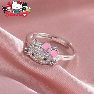 Sanrio สร้อยคอโซ่ จี้แหวนเปิด ประดับเพชร ลาย Hello Kitty น่ารัก ของขวัญ สไตล์ฮิปฮอป สําหรับผู้หญิง