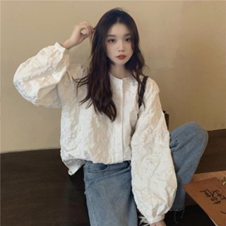 เสื้อเชิ้ตแขนยาว ปักลายลูกไม้ ทรงหลวม สีขาว สําหรับผู้หญิง