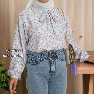 Trexus - ZFS เสื้อเบลาส์ผู้หญิง JISU / YOONHEE KOREAN TOP / เสื้อเบลาส์ลําลอง สําหรับ Hangout / Play / เสื้อทางการ สําหรับการทํางาน / วิทยาลัย / เสื้อผ้าผู้หญิง พิมพ์ลายดอกไม้ แขนยาว สายคล้องคอ