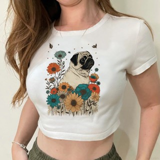 Pug เสื้อครอปท็อป แนวสตรีท แฟชั่นเกาหลีโกธิค สําหรับเด็กผู้หญิง yk2 2000s