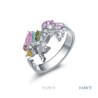 Fancy แหวนเพชร ยูนิคอร์น ปรับได้ สีรุ้ง สวยหรู